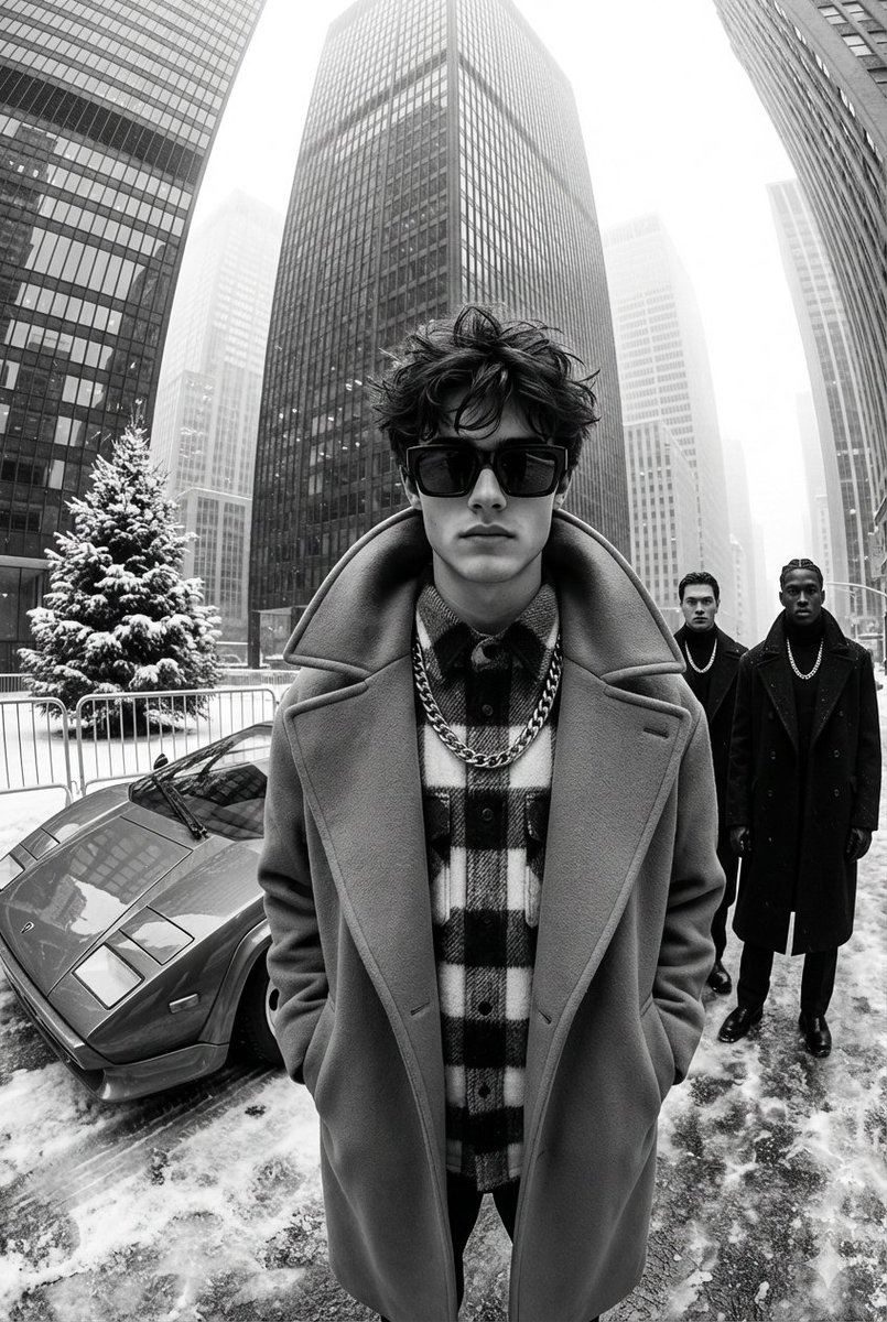 AI Prompt for High-Contrast Black and White Street Fashion Editorial Photography