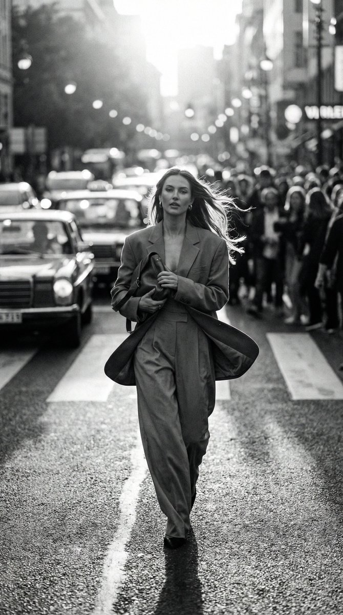 AI Prompt for High-Contrast Black and White Street Fashion Photography