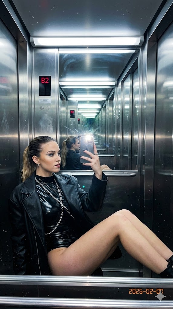 AI Prompt for High-Contrast Cyberpunk Portrait in Mirrored Elevator