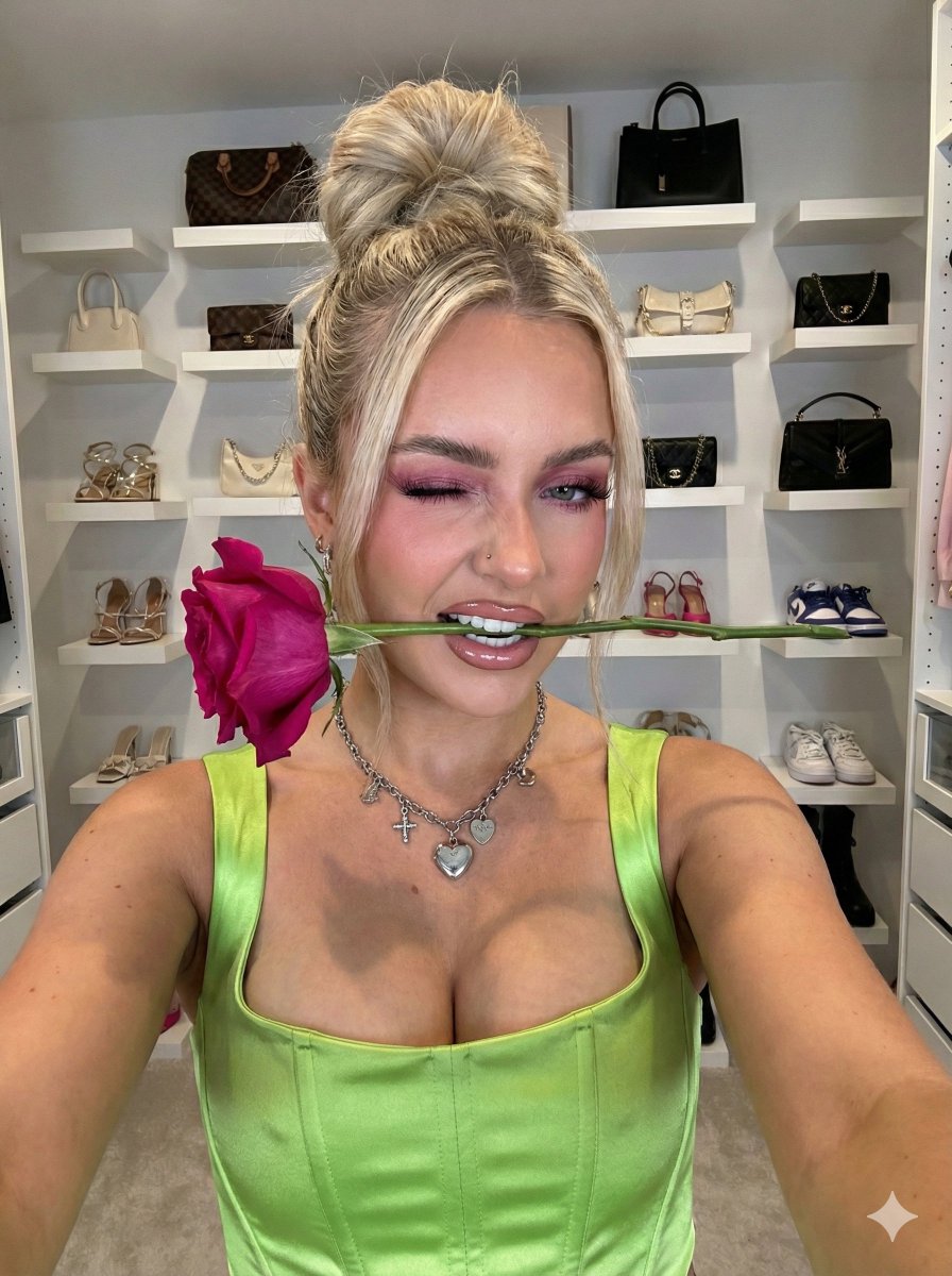 AI Prompt for High-Contrast Flash Photography of Rose-Themed Selfie in Fashion Setting