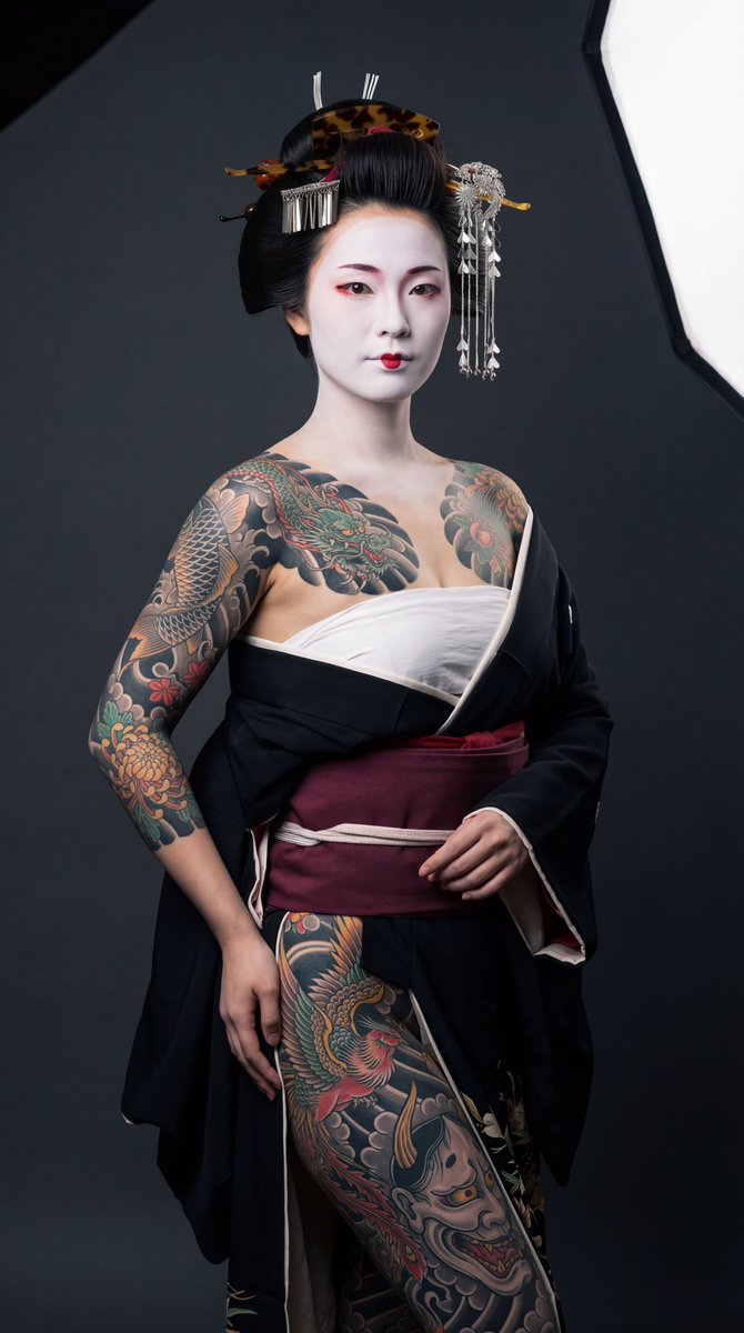 AI Prompt for High-Contrast Geisha Irezumi Portrait 