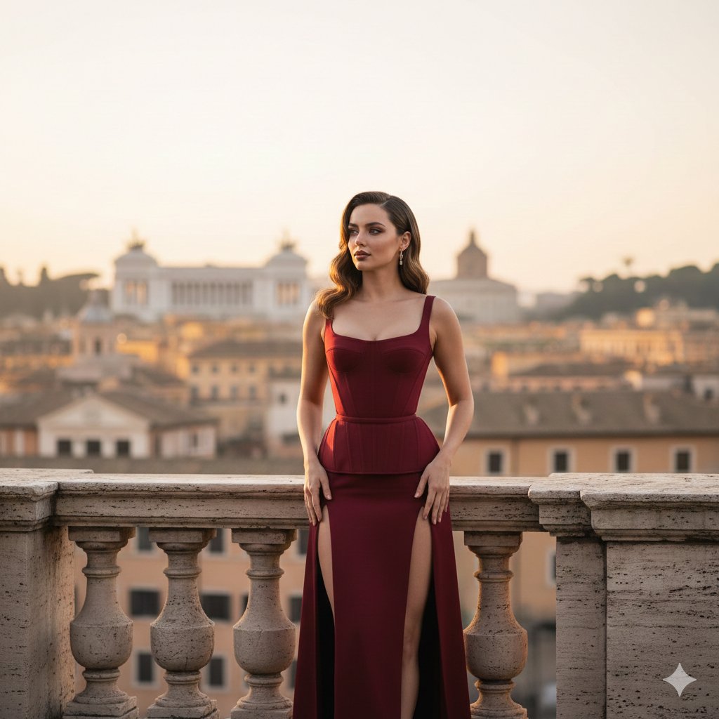 AI Prompt for High-End Fashion Editorial Photo of Ana de Armas in Roman Setting