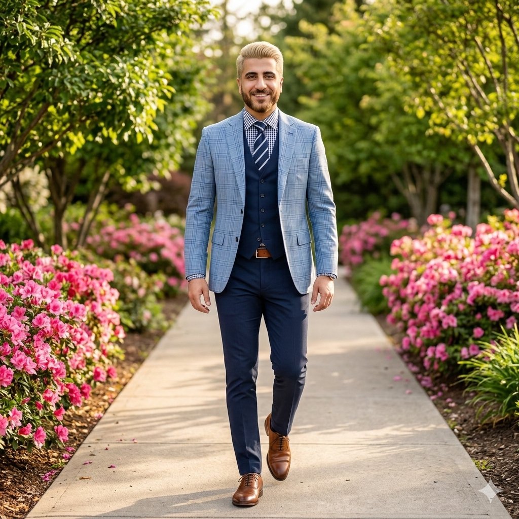 AI Prompt for High-End Fashion Portrait of South Asian Man in Garden