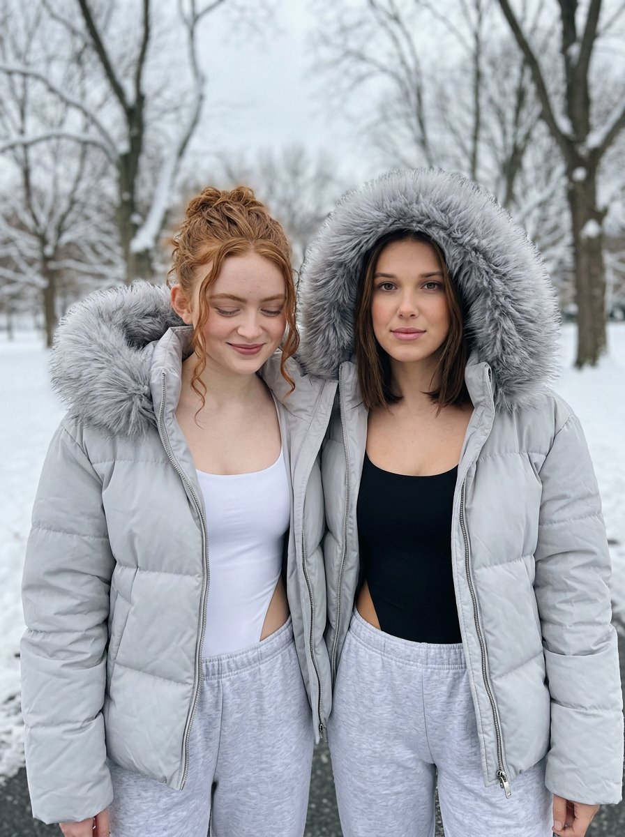 AI Prompt for High-End Street Fashion Portrait with Celebrities Sadie Sink & Millie Bobby Brown