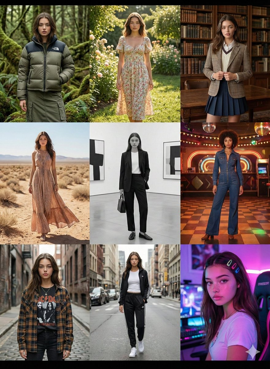 AI Prompt for High-Fashion 3x3 Collage with Trendy Outfits