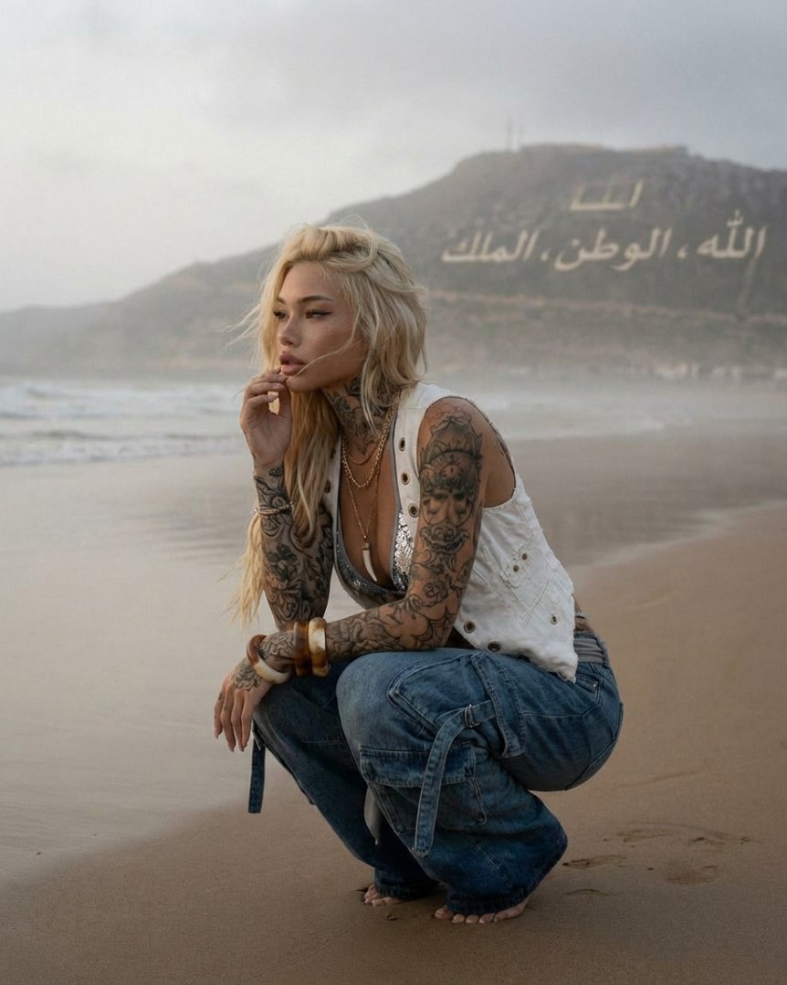 AI Prompt for High-Fashion, Cinematic Beach Portrait with Tattoos