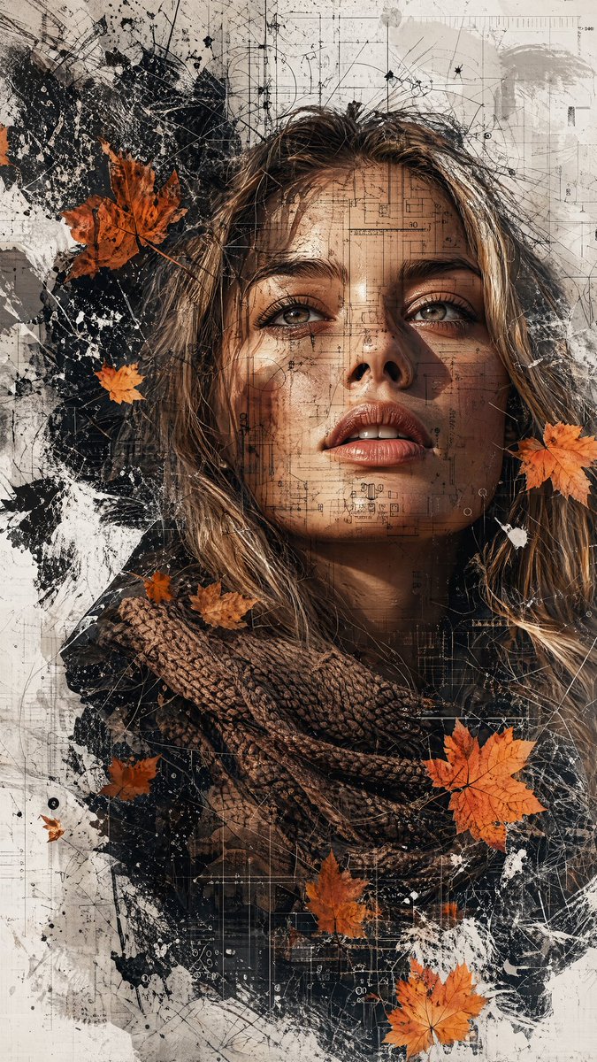 AI Prompt for High-Fashion Cinematic Portrait with Blueprints and Paint Splatters