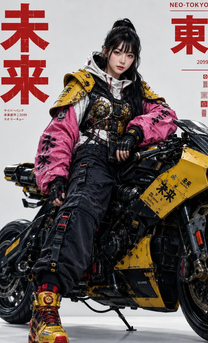 AI Prompt for High-Fashion Cyberpunk Portrait of an Asian Woman with a Motorcycle