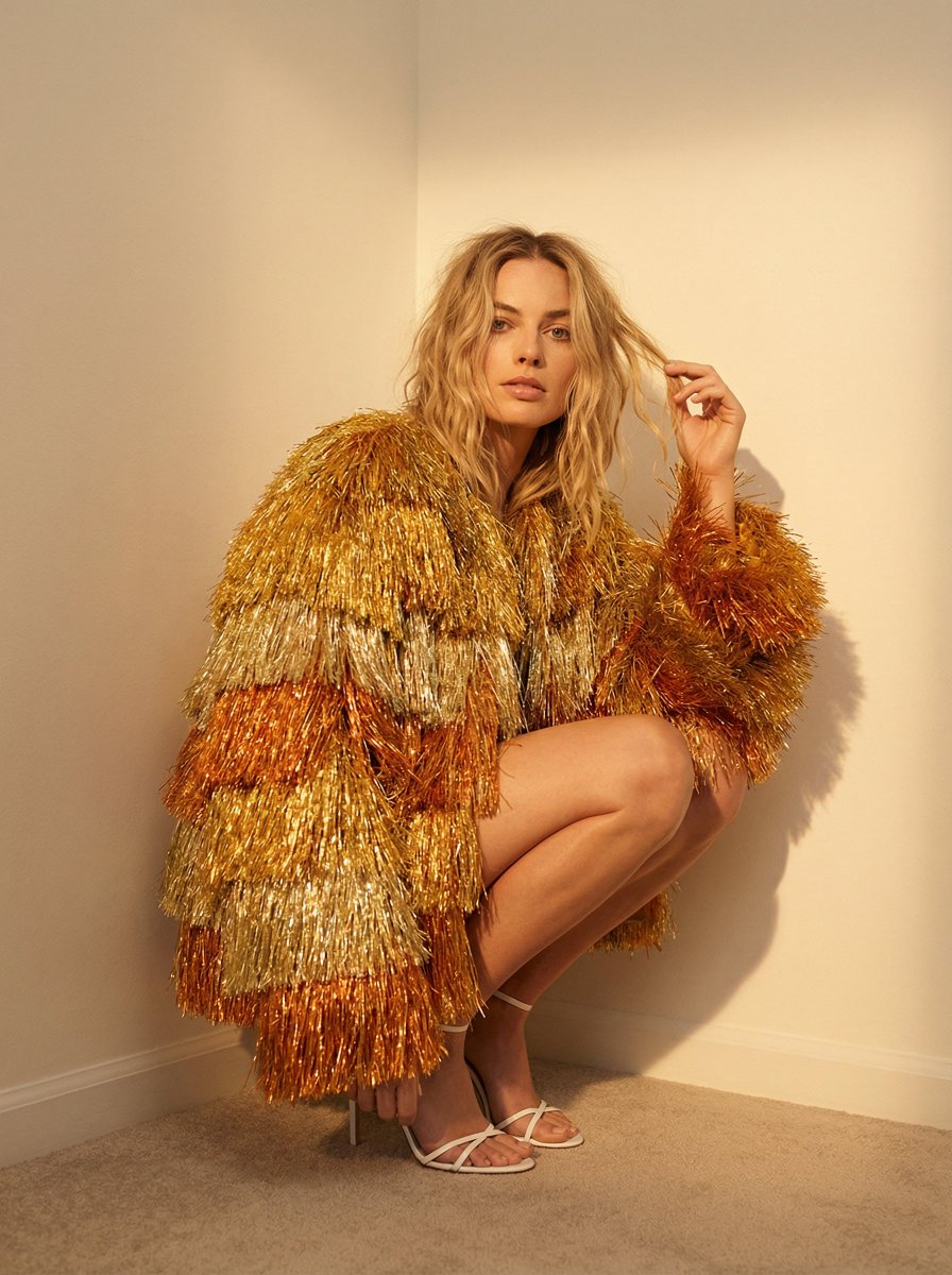 AI Prompt for High-Fashion Editorial Photography with Metallic Fringe Coat