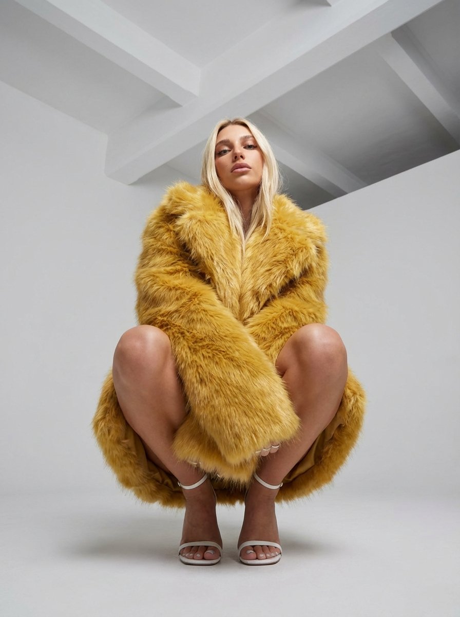 AI Prompt for High Fashion Editorial Portrait of Blonde Woman in Yellow Faux Fur Coat