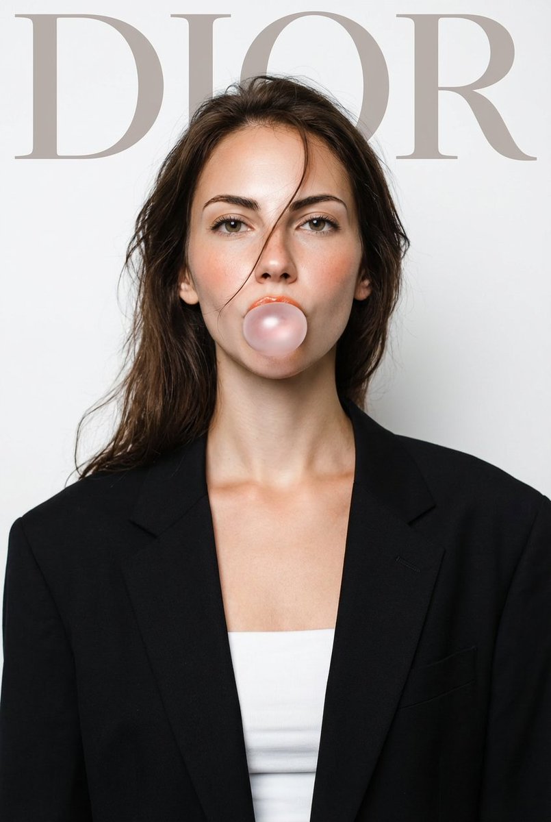 AI Prompt for High-Fashion Editorial Portrait with Long Hair, Blazer, and Bubble Gum