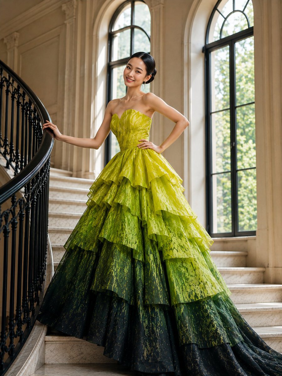AI Prompt for High-Fashion Ombré Ballgown Photography
