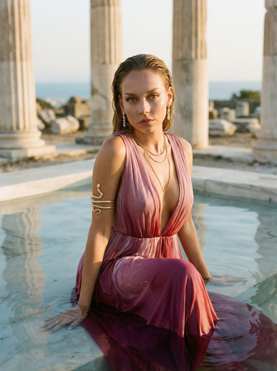 AI Prompt for High-Fashion Portrait in Ancient Greek Ruins with Ester Expósito