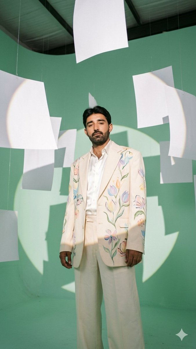 AI Prompt for High-Fashion Portrait of Male Model in Mint Studio Setting