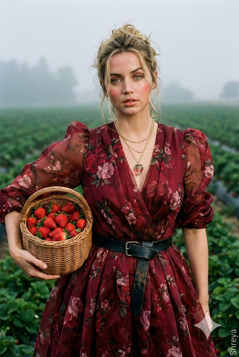 AI Prompt for High-Fashion Strawberry Harvest Portrait with Film-Style Aesthetic