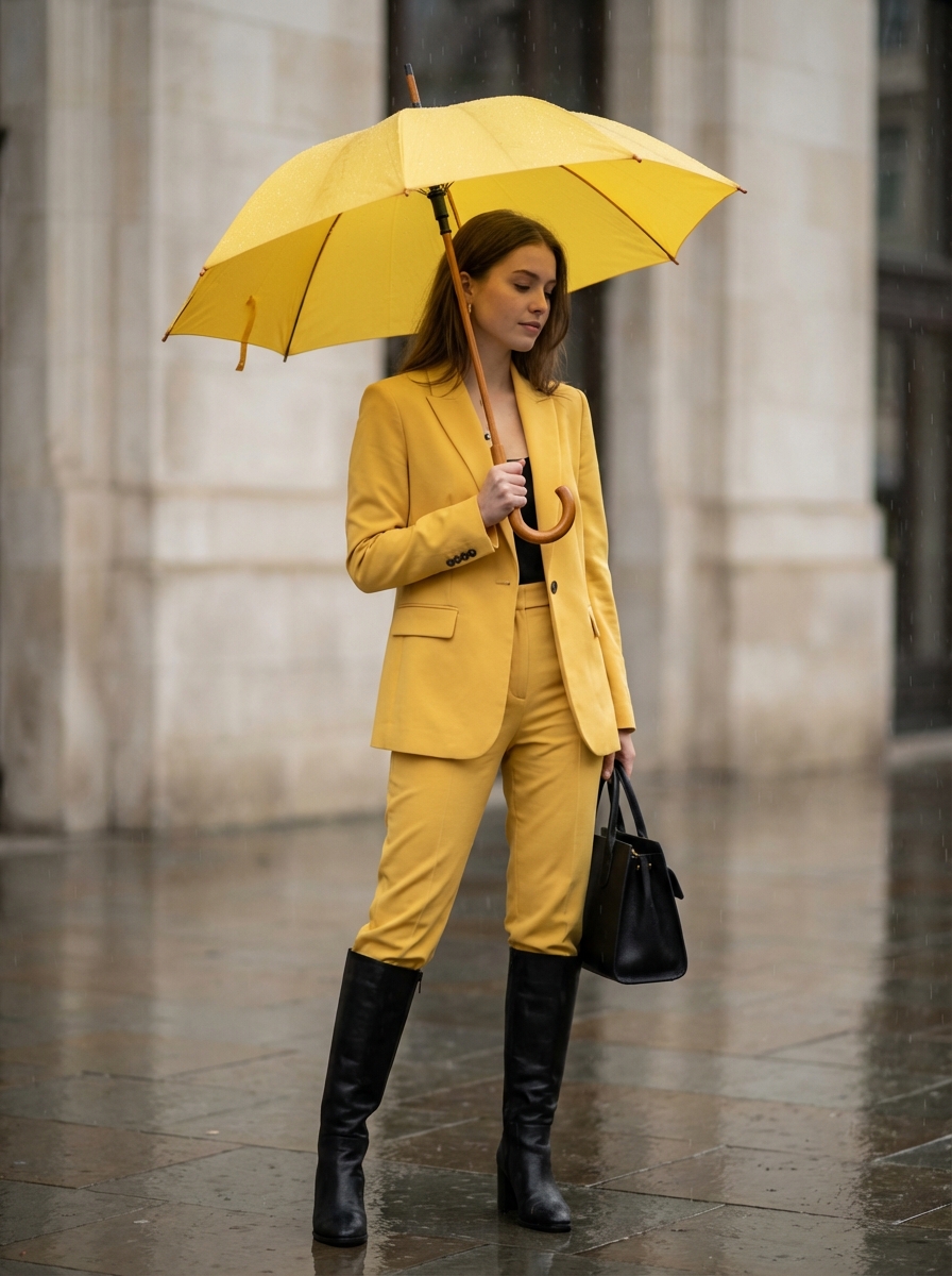 AI Prompt for High-Fashion Yellow Power Suit Photo Shoot
