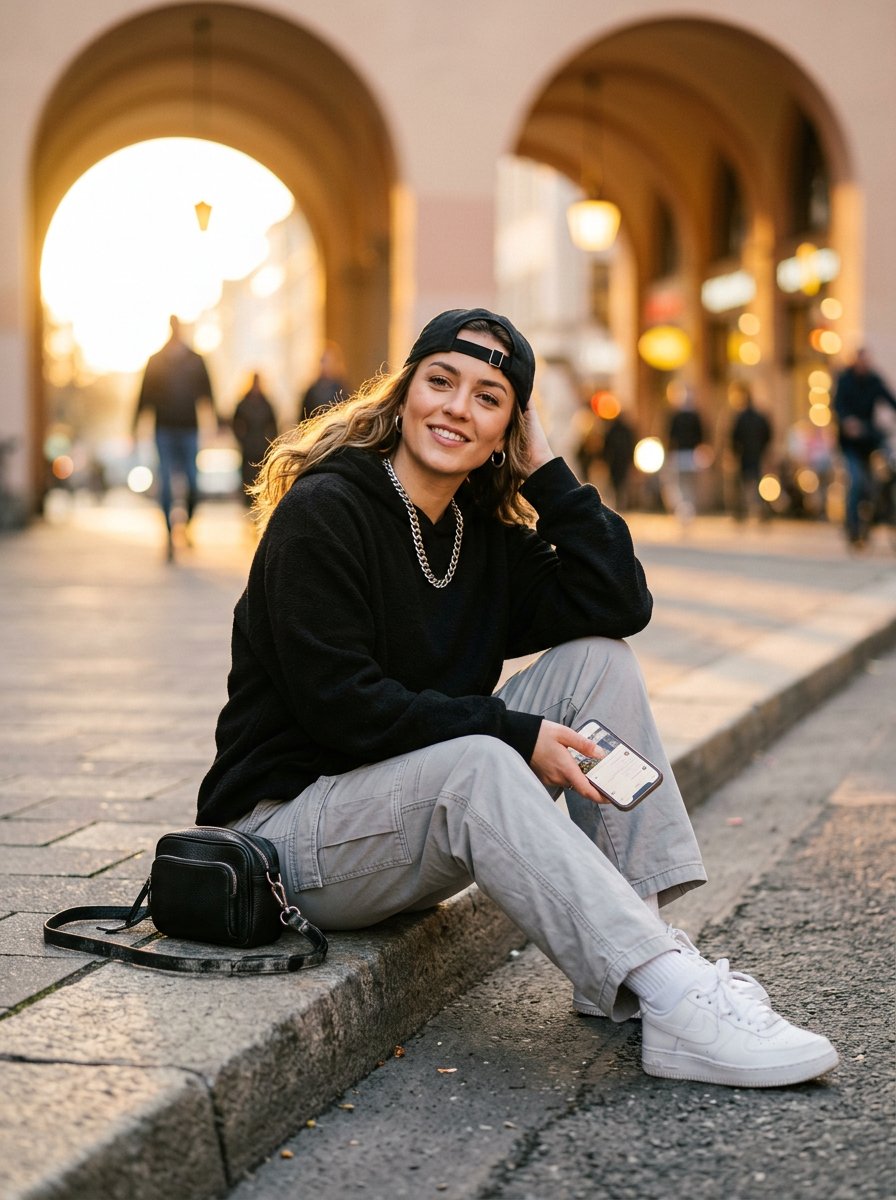 AI Prompt for High-Quality Street Fashion Photography with Model and Cityscape