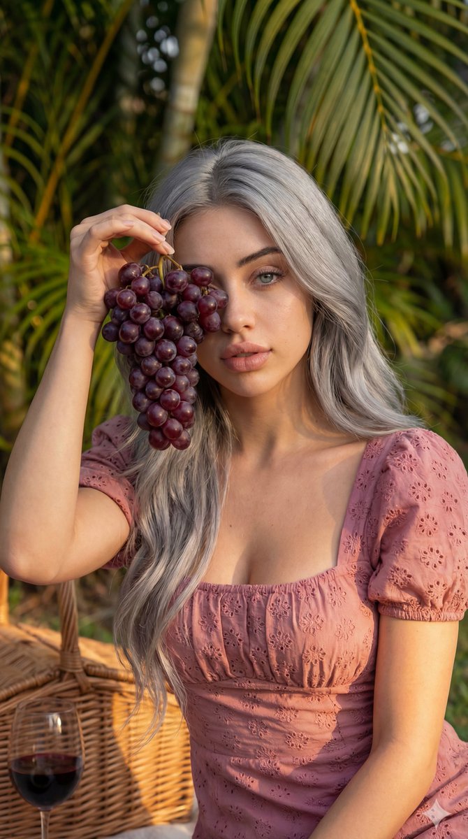 AI Prompt for Hyper-Realistic 8K High Fashion Portrait with Grapes: Golden Hour Tropical Garden Setup
