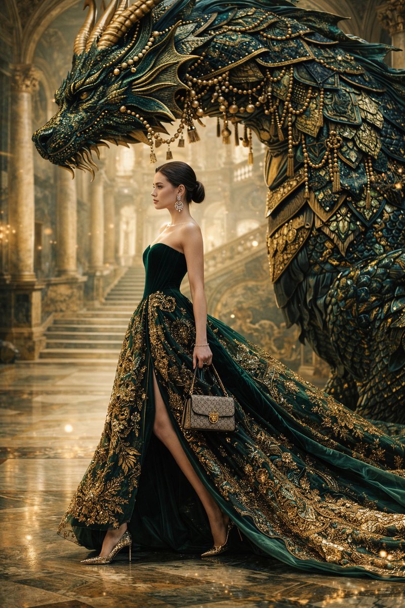 AI Prompt for Hyper-Realistic Fashion Portrait with Dragon and Renaissance Palace