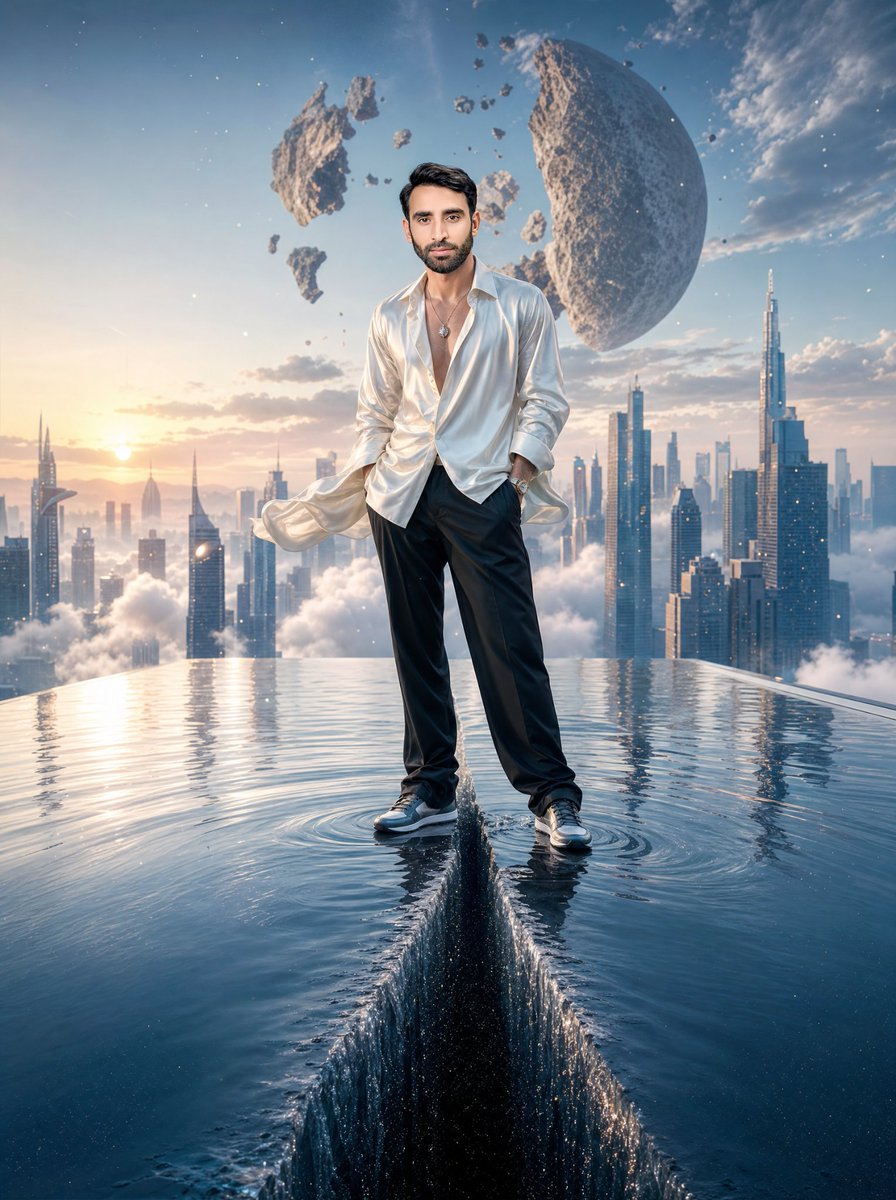 AI Prompt for Hyper-Realistic Male Fashion Portrait with Surreal Infinity Pool and Futuristic Cityscape