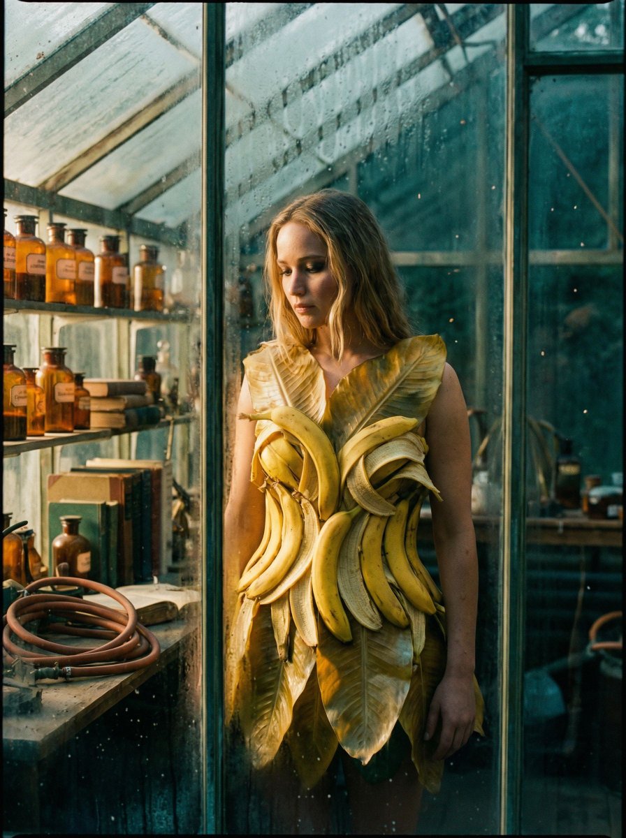 AI Prompt for Hyper-Realistic Surreal Photography of an Avant-Garde Dress in a Botanist's Workshop
