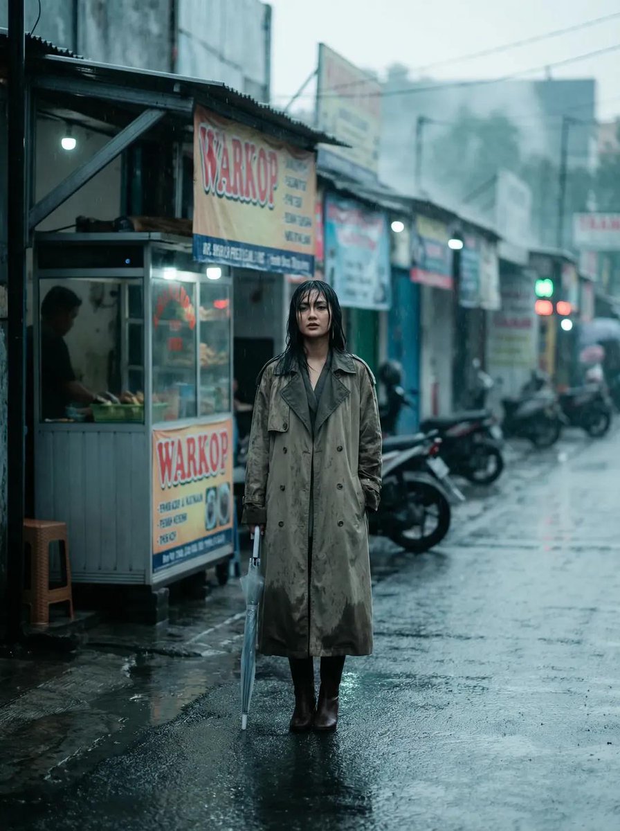 AI Prompt for Indonesian Street Fashion Photography with Wet Pavement and Coffee Stall Setting