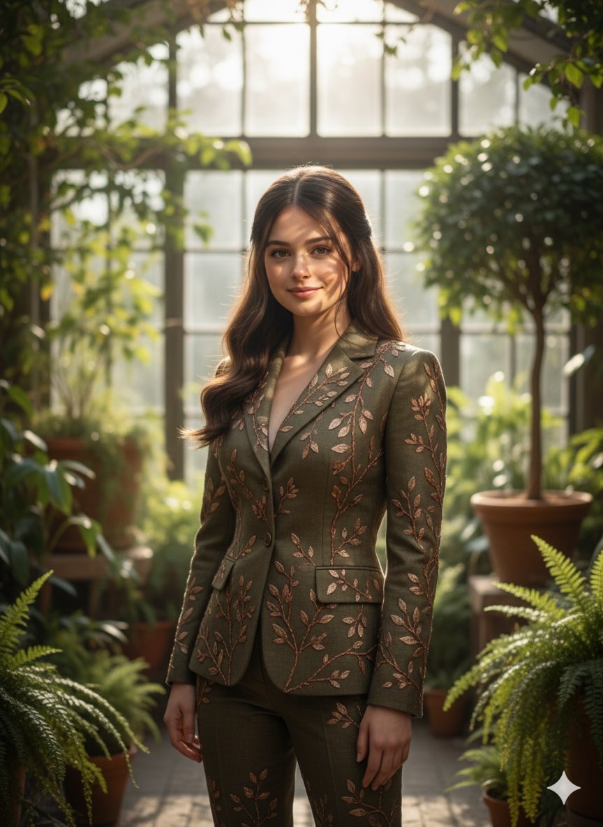 AI Prompt for Indoor Fashion Portrait Photoshoot in Elegant Garden Setting with Natural Lighting