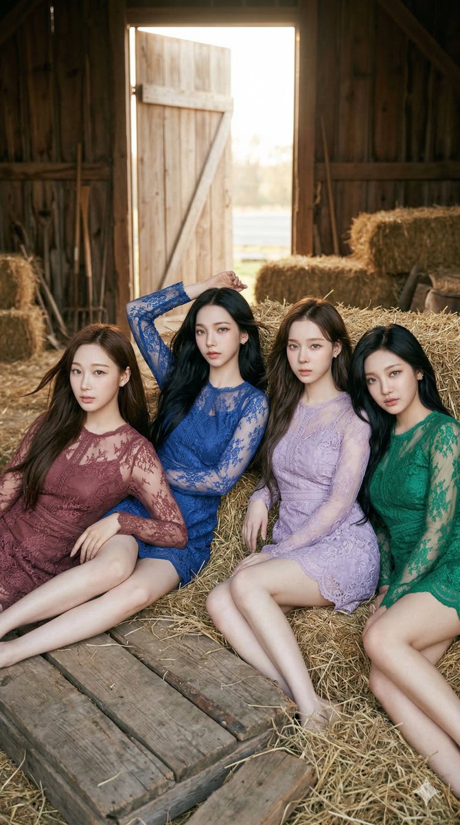 AI Prompt for K-Pop Group Portraits with Fashion and Rustic Barn Settings