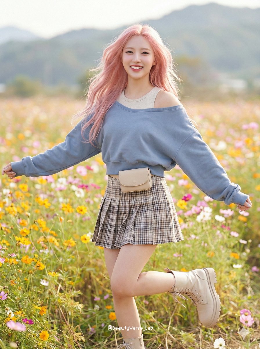 AI Prompt for K-Pop Idol Running in Floral Setting - Photorealistic Portrait