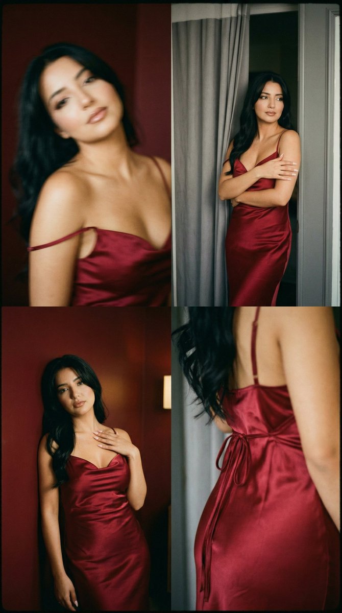 AI Prompt for Lo-Fi Analog Boudoir Photography: Red Satin Dress
