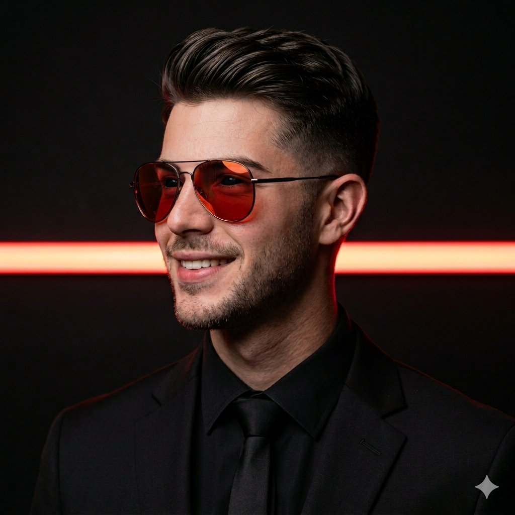AI Prompt for Luxe Black Suit Photography with Red Neon Lighting