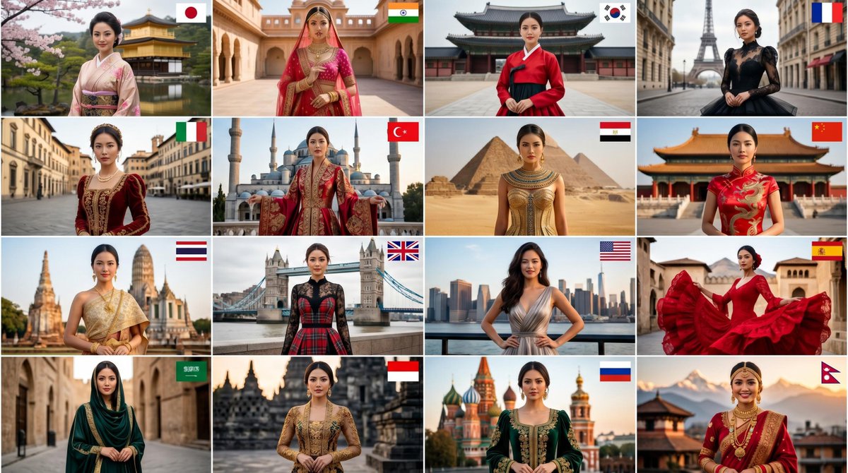 AI Prompt for Luxe Couture Collage: 4x4 Grid of International Style Icons