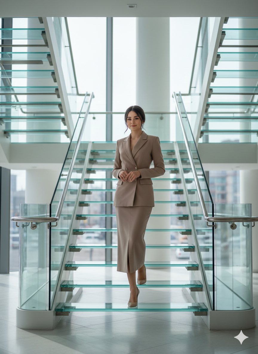 AI Prompt for Luxury Editorial Portrait with Glass Staircase and Female Model