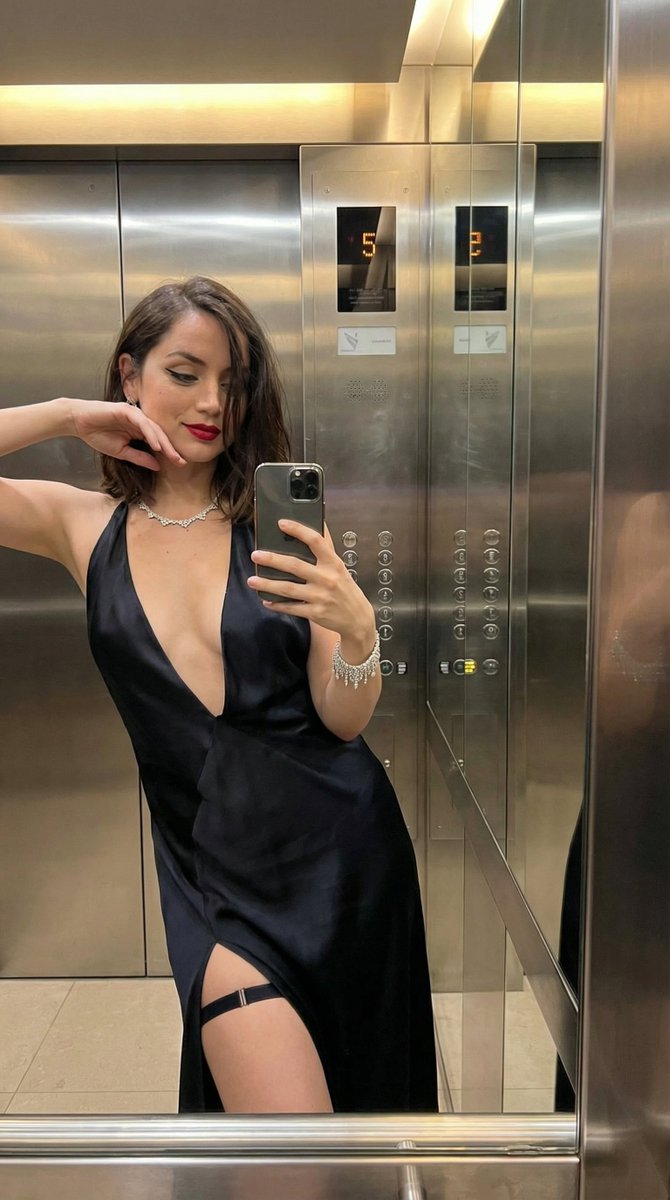 AI Prompt for Luxury Elevator Mirror Photo of Woman in Deep V-Neck Dress