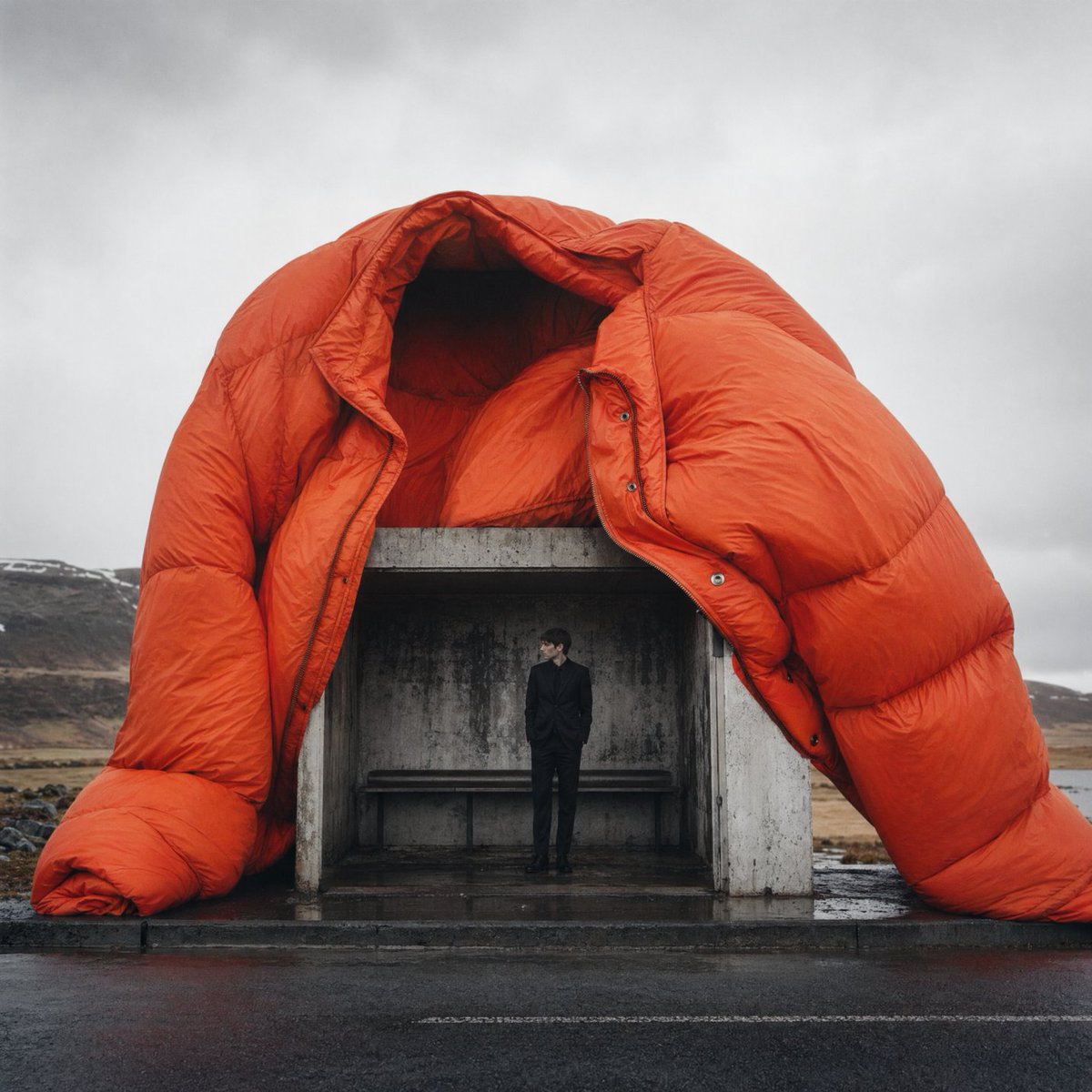 AI Prompt for Luxury Fashion Conceptual Images with Orange Puffer Jacket