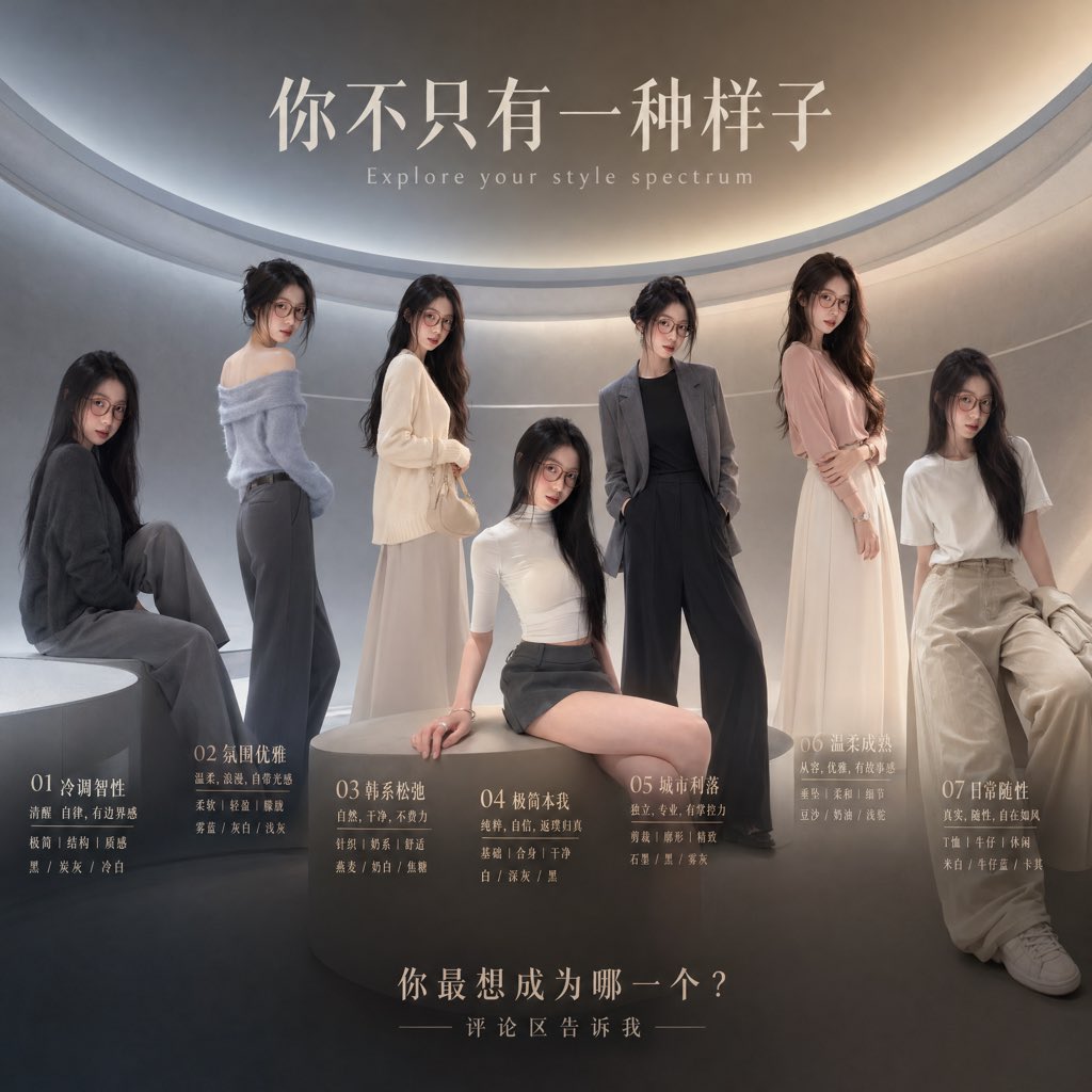 AI Prompt for Luxury Fashion Editorial Poster with 7 Outfit Personas