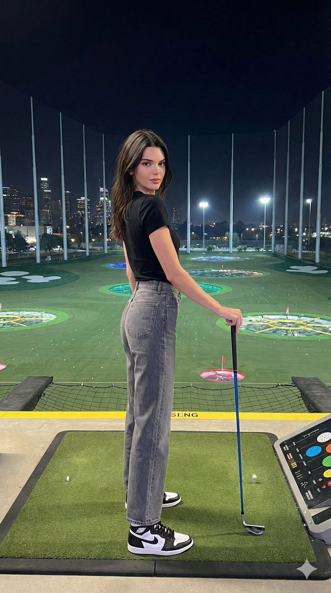 AI Prompt for Luxury Fashion Editorial with Kendall Jenner at Night Golf Range
