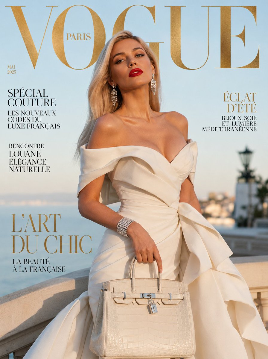 AI Prompt for Luxury Fashion Magazine Cover - French Woman in Golden Hour