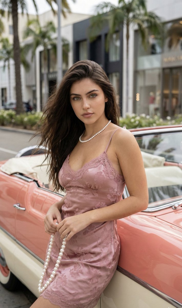 AI Prompt for Luxury Fashion Portrait with Vintage Car and Pearl Accessories