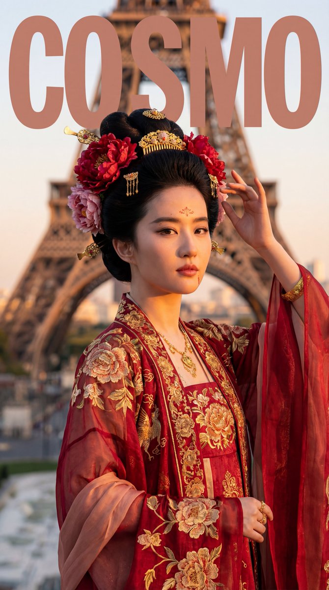 AI Prompt for Luxury Fashion Shoot: Empress in Tang Dynasty Robes by Eiffel Tower