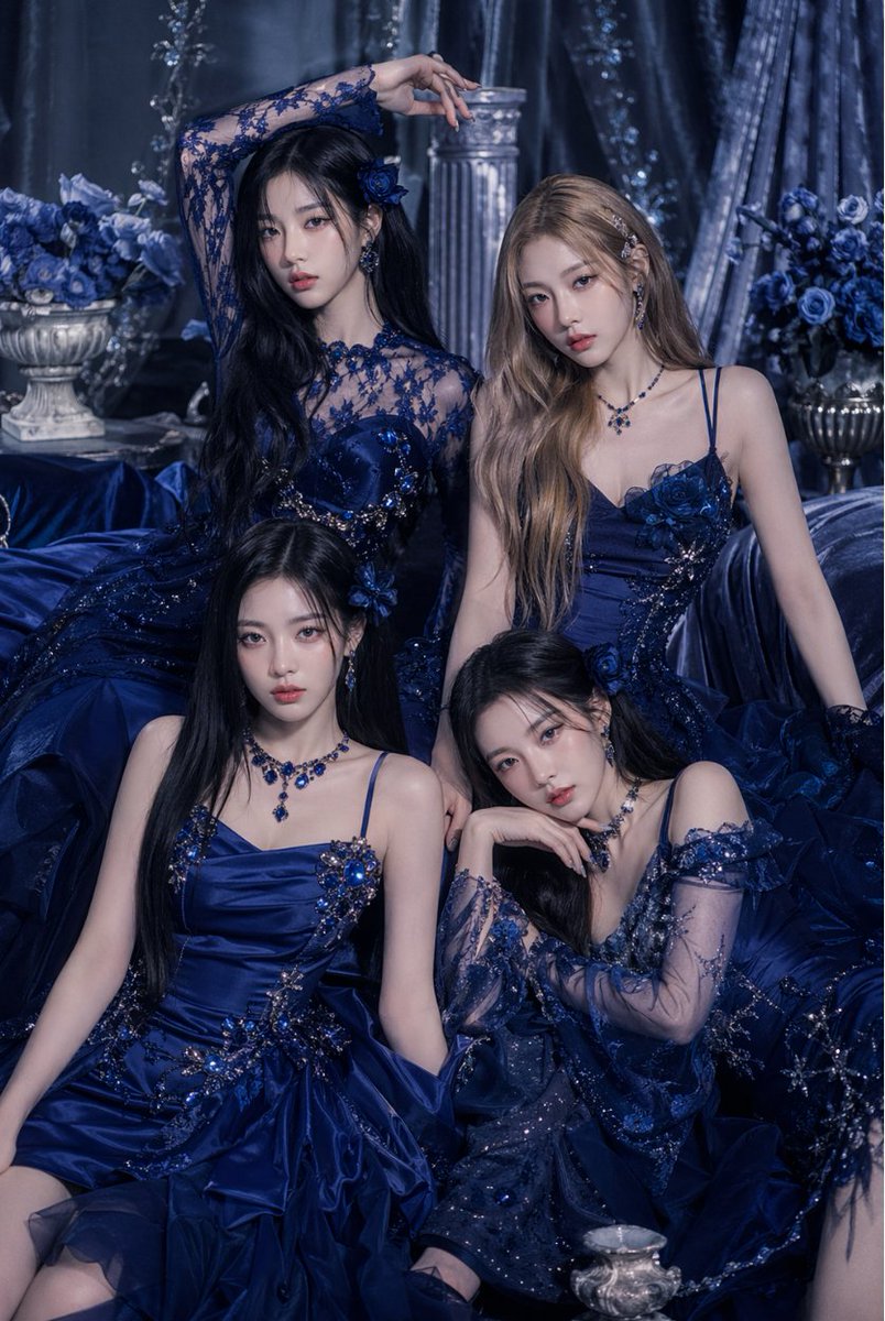 AI Prompt for Luxury Group Portrait Photography with Elegant Sapphire Gowns