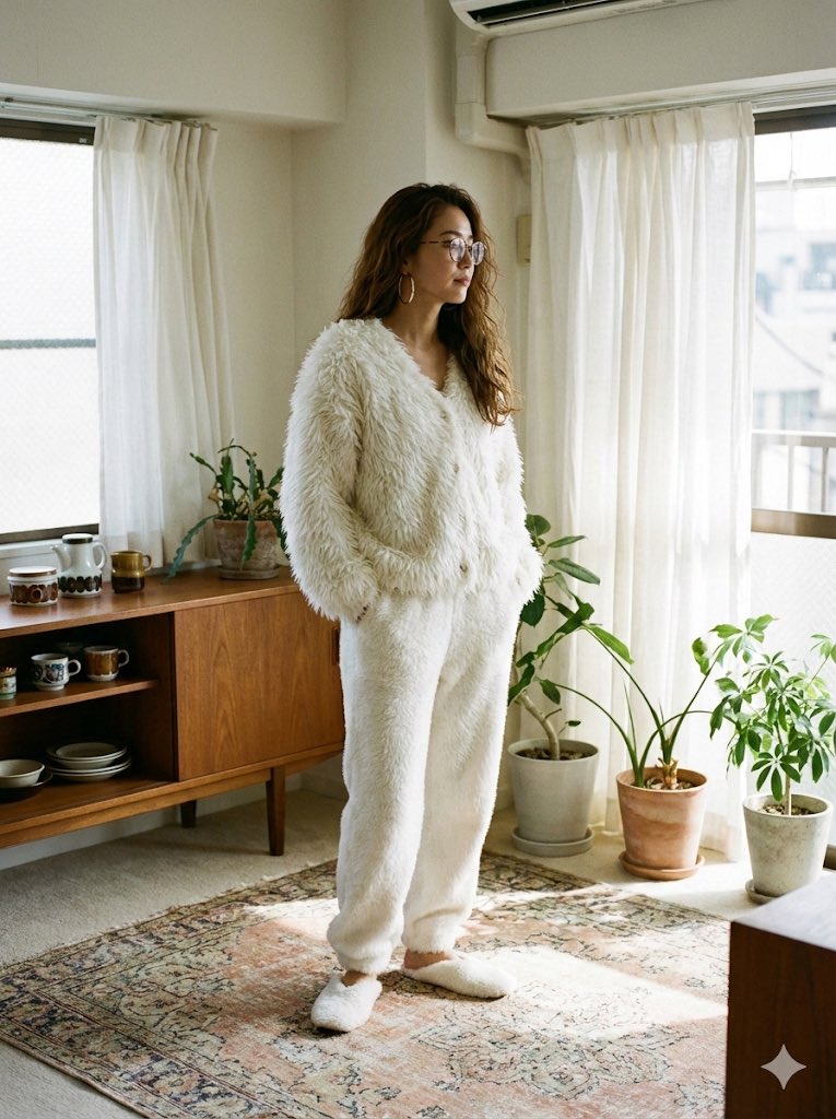 AI Prompt for Luxury Loungewear with Shaggy Faux Fur and Retro Furniture