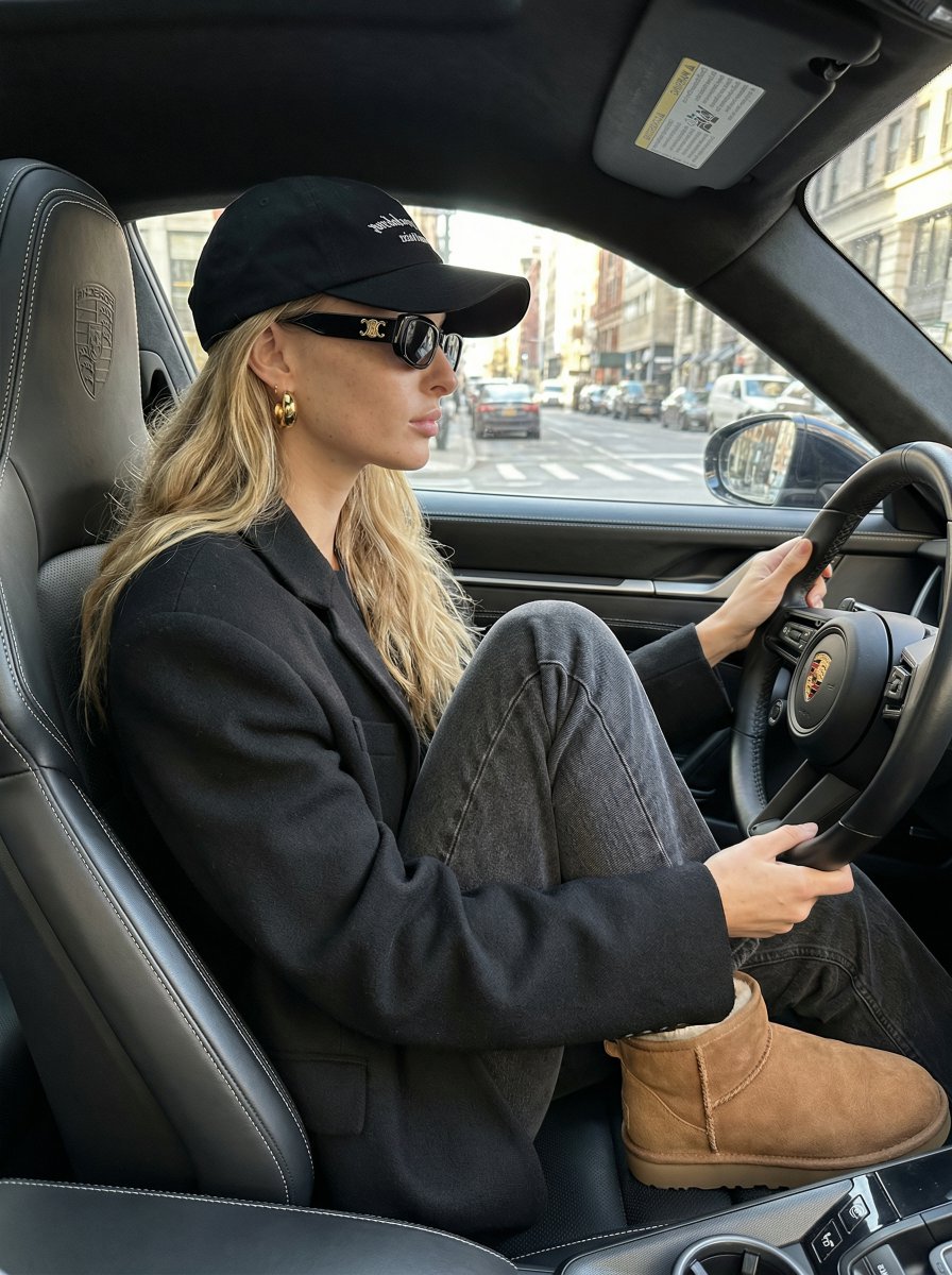 AI Prompt for Luxury Street Style Portrait of a Woman in a Porsche