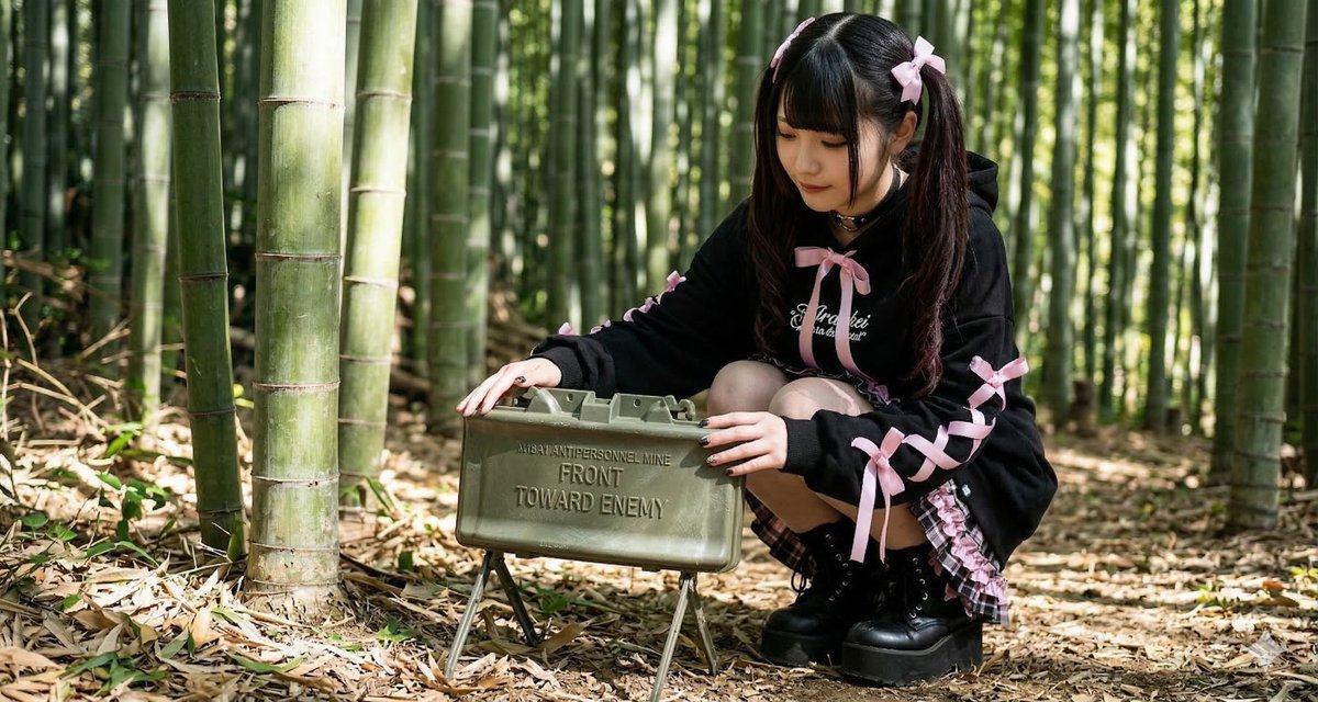 AI Prompt for M18A1 Claymore Landmine Fashion Girl in Bamboo Forest Scene