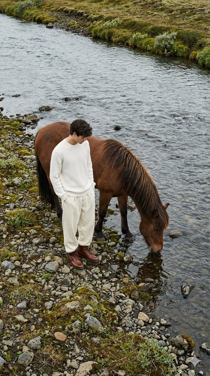 AI Prompt for Minimalist Fashion Photography of Male Model with Horse