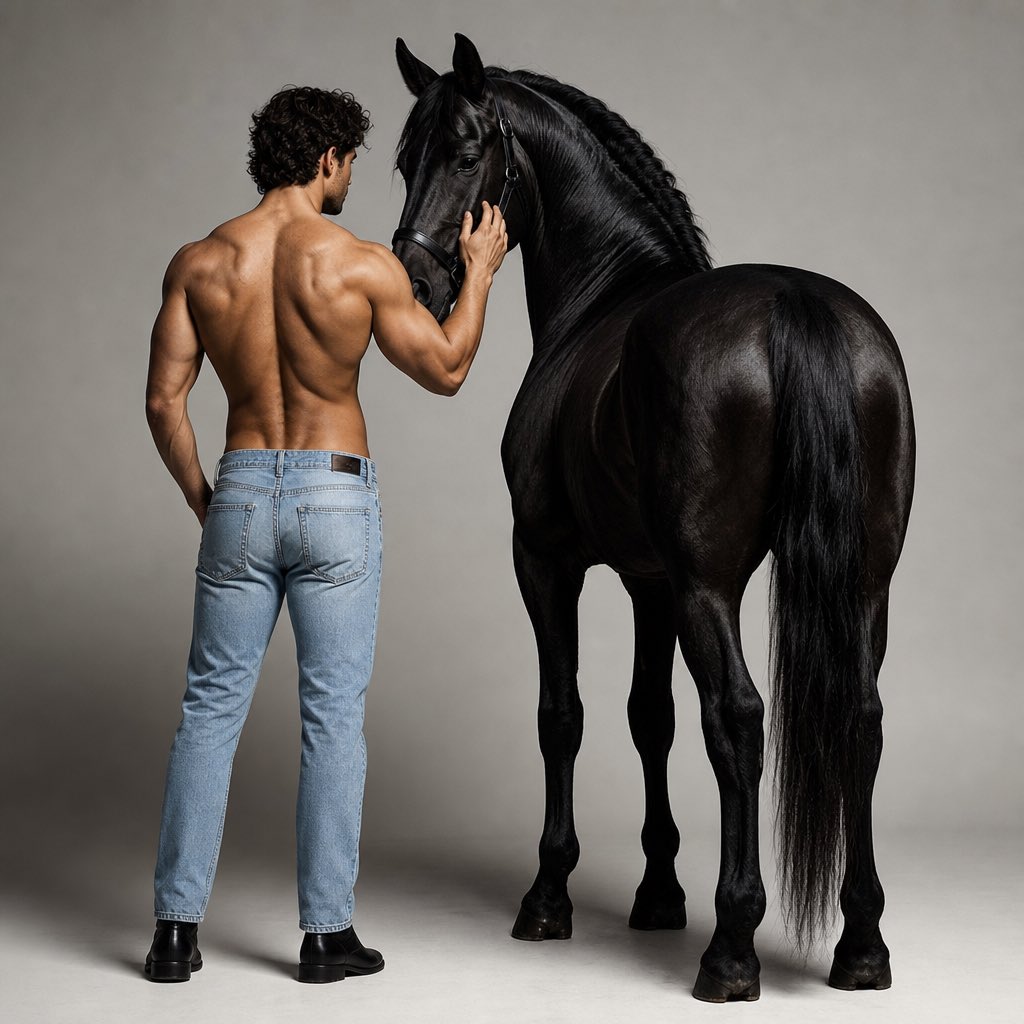 AI Prompt for Minimalist Luxury Fashion Photography with Male Portrait and Black Horse