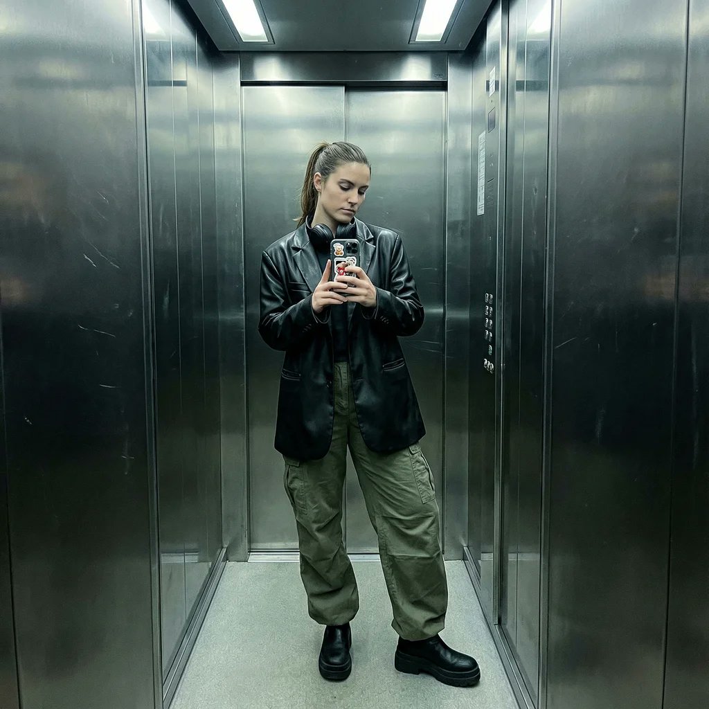 AI Prompt for Modern Streetwear Smartphone Selfie in an Elevator