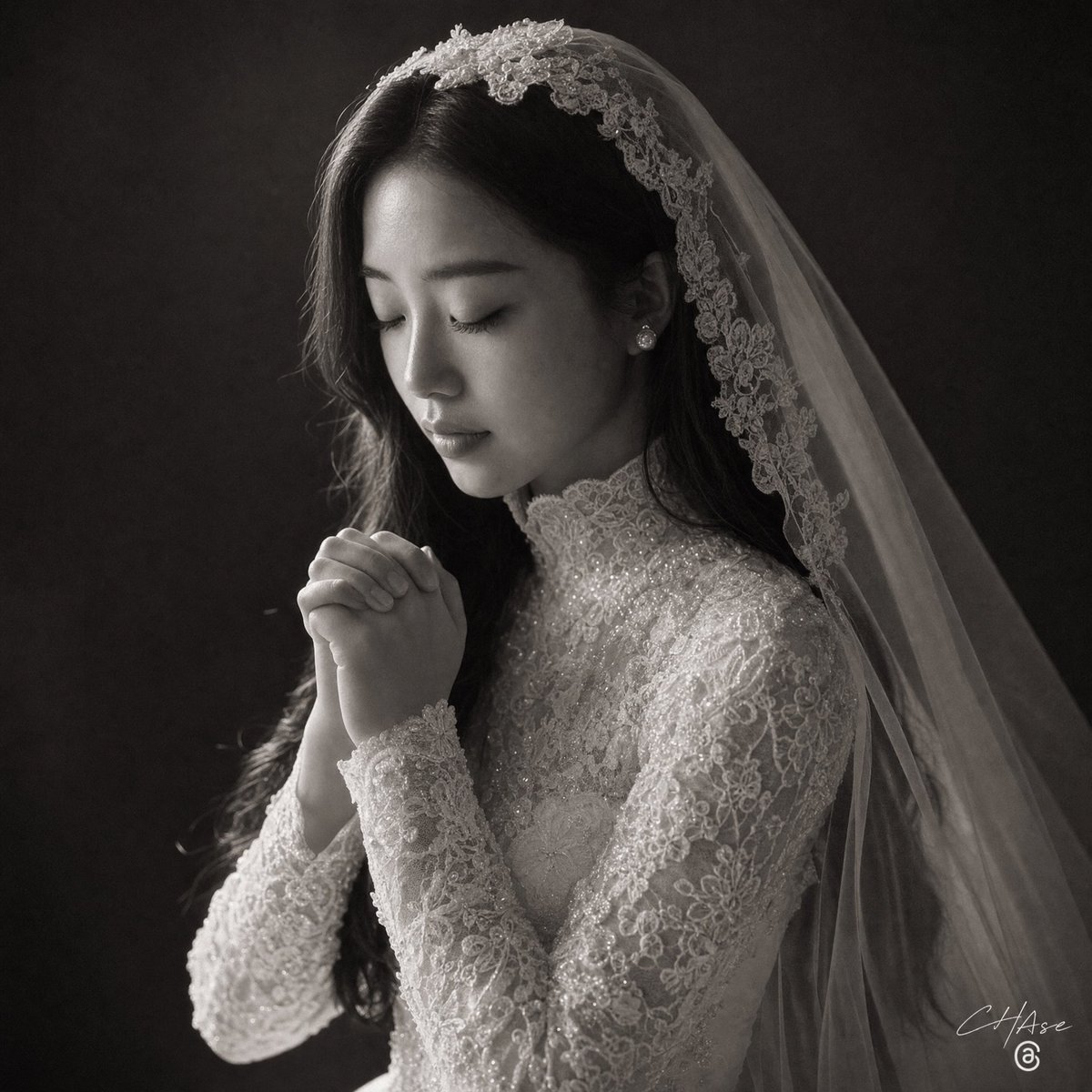 AI Prompt for Monochrome Bridal Portrait with Veiled Bride