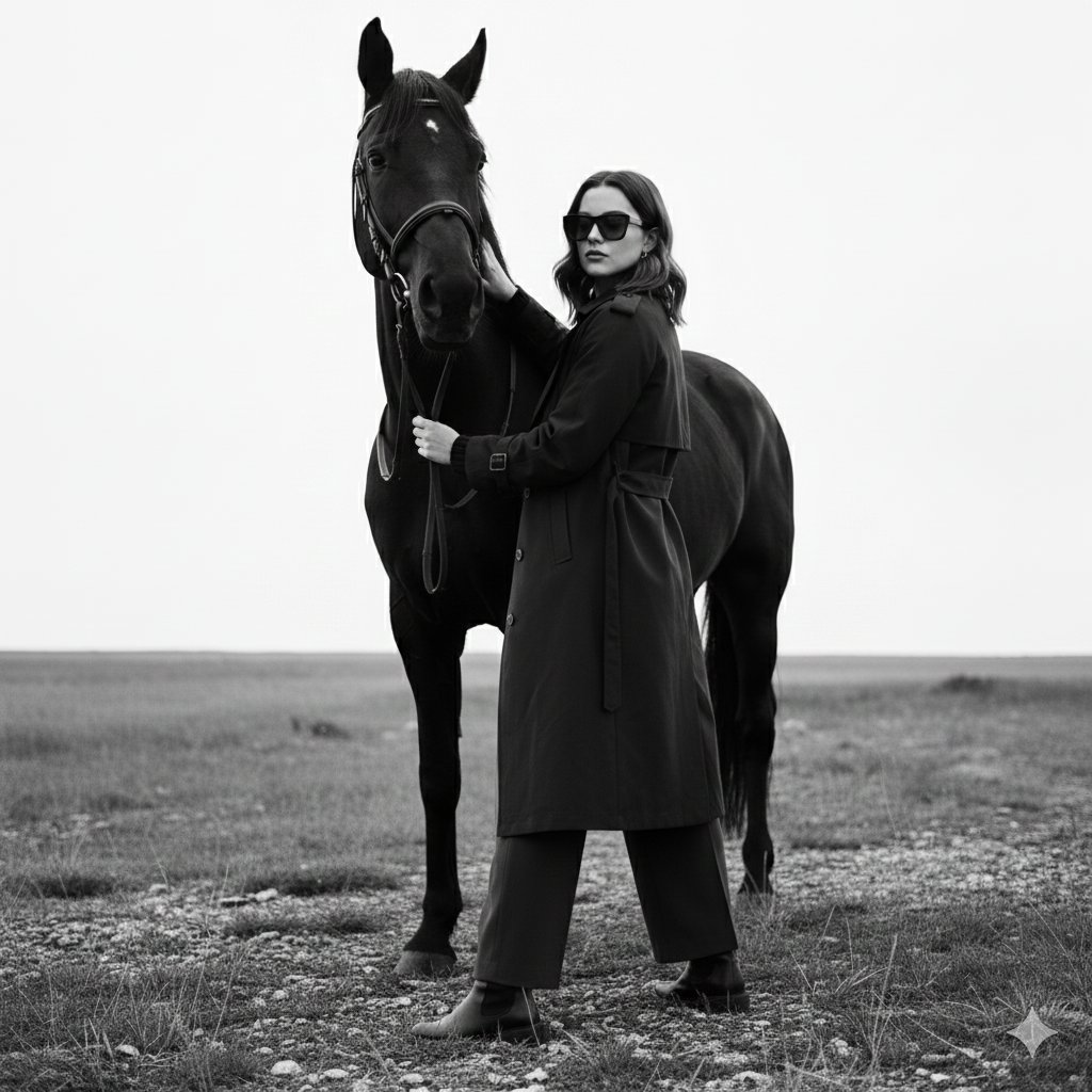 AI Prompt for Monochrome Fine-Art Fashion Editorial with Horse