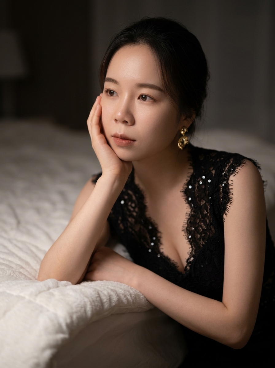AI Prompt for Moody East Asian Fashion Portrait in a Cozy Bedroom
